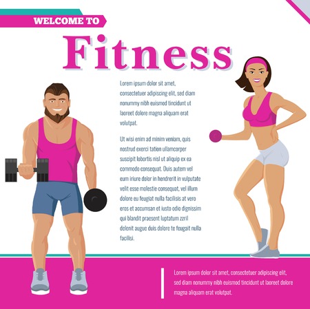 Colorful sport and fitness poster with athletic man and woman lifting dumbbells vector illustrationのイラスト素材
