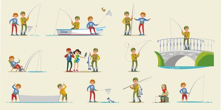 Colorful fishing elements collection with fishermen using various equipment tools in different situations isolated vector illustrationのイラスト素材