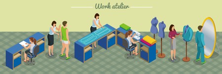 Isometric atelier studio concept with tailor takes measurements from customer sewing and fitting suit processes vector illustrationのイラスト素材