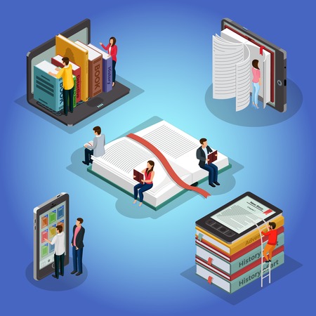 Isometric books reading composition with people and educational literature ebook reader electronic library on phone laptop isolated vector illustrationのイラスト素材