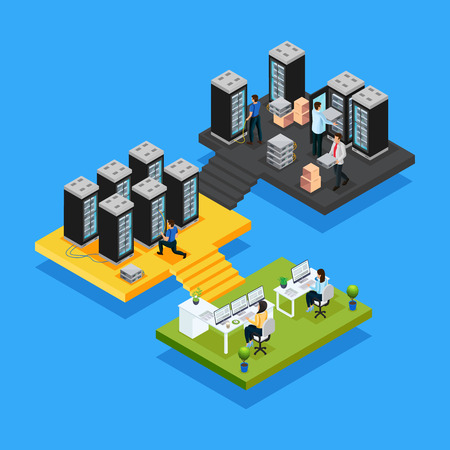 Isometric data center concept with women working in office and engineers repair and maintain hosting servers isolated vector illustrationのイラスト素材