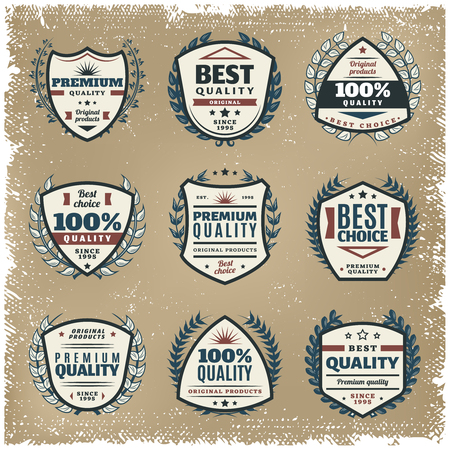 Colored premium quality emblems set with different letterings and floral elegant wreathes in vintage style isolated vector illustrationのイラスト素材