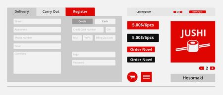 Japanese food web shop interface concept with prices delivery carry out and registration tabs vector illustrationのイラスト素材
