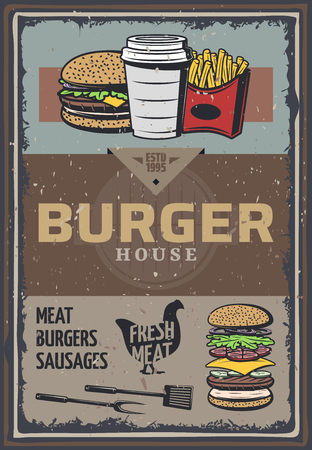 Vintage colored burger house poster with inscription hamburger cheeseburger soda french fries cooking utensils vector illustrationのイラスト素材