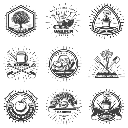 Vintage monochrome gardening logos set with agricultural equipment labor tools apple tree flowers sunbursts isolated vector illustration