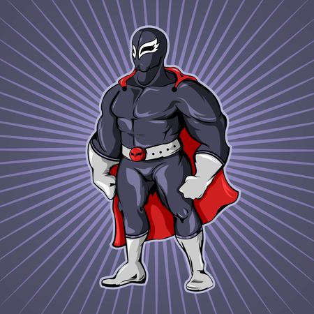 Comic superhero man template in mask with grey belt and red cape on radial background vector illustrationのイラスト素材