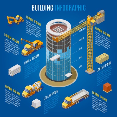 Isometric modern building infographic concept with construction cranes materials and industrial vehicles isolated vector illustrationのイラスト素材