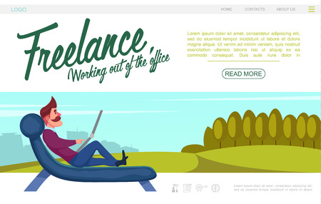 Flat freelance website colorful template with lying moustached freelancer on lawn and forest landscape vector illustrationのイラスト素材