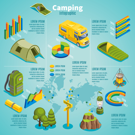 Isometric summer camping infographic template with travel bus tent map sleeping bag backpack tourist mat pan lantern signboard isolated vector illustrationのイラスト素材
