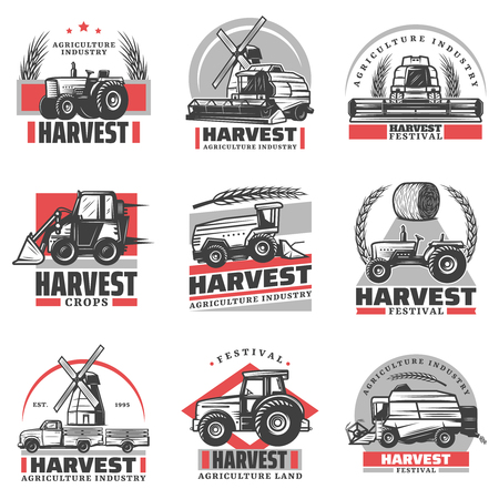 Vintage harvesting emblems set with inscriptions tractors combine harvester loader truck hay bale wheat ears windmill isolated vector illustrationのイラスト素材