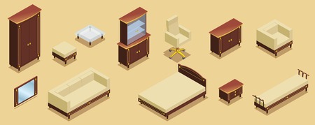 Isometric hotel furniture elements set with cabinet sofa bed tables chairs nightstand commode armchair mirror isolated vector illustrationのイラスト素材