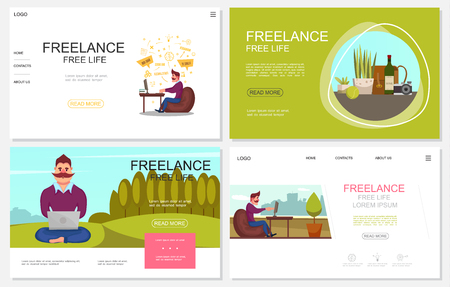 Flat freelance websites collection with freelancer working in different places wine bottle plant camera bag isolated vector illustrationのイラスト素材