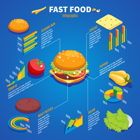 Isometric fast food infographic template with bun cheese pepper tomato meat salad ingredients for hamburger making isolated vector illustrationのイラスト素材