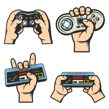 Vintage colored gaming elements set with hands holding different electronic joysticks and controllers isolated vector illustrationのイラスト素材