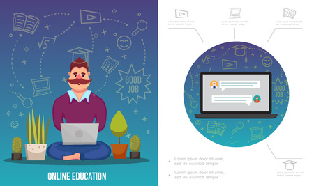Flat e-learning infographic template with man working on laptop plants notebook and different online education icons vector illustrationのイラスト素材