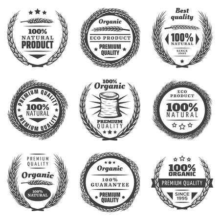 Vintage premium cereal products labels set with letterings wheat ears natural wreathes in monochrome style isolated vector illustrationのイラスト素材