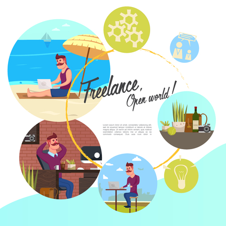 Flat freelance round concept with freelancer working on tropical beach at home coworking center and plants wine bottle cameraのイラスト素材