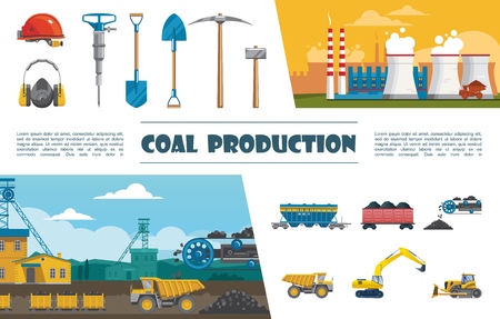 Flat mining industry elements set with helmet drill pickaxe shovel helmet wagon of coal conveyor with coal truck bulldozer excavator industrial plant vector illustrationのイラスト素材