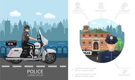 Flat police colorful concept with policeman riding motorcycle on road and emergency siren handcuffs handgun icons vector illustrationのイラスト素材