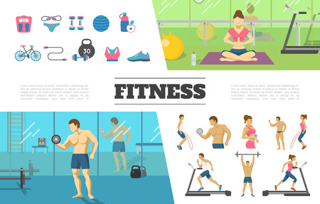 Flat fitness elements collection with man and woman doing physical exercises in gym scale sportswear ball dumbbells bottle bicycle weight vector illustrationのイラスト素材
