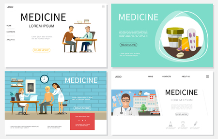 Flat healthcare websites set with people visiting doctors nurse medical treatment pills drugs hospital ambulance car thermometer stethoscope vector illustrationのイラスト素材