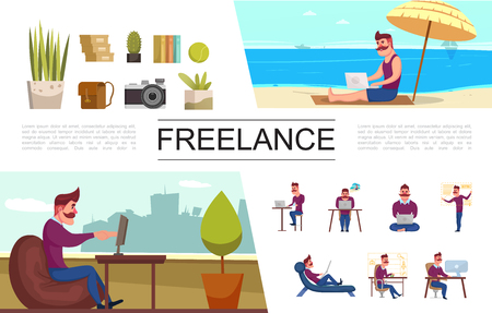 Flat freelance elements set with freelancer working at office and on tropical beach plants camera bag books vector illustrationのイラスト素材
