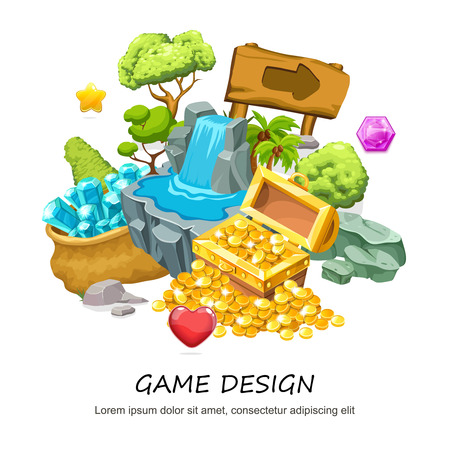 Cartoon game design concept with treasure chest of gold coins waterfall wooden signboard stone trees minerals jewel isolated vector illustrationのイラスト素材