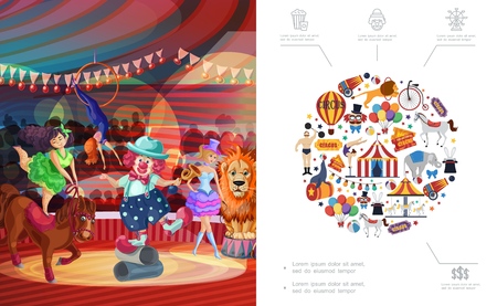 Flat carnival circus concept with clown acrobat animal tricks on stage strongman bicycle tent cannon tickets carousels hot air balloon vector illustrationのイラスト素材