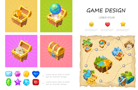 Cartoon game UI infographic concept with cup globe skull in treasure chests colorful gemstones heart star circle buttons level design vector illustrationのイラスト素材