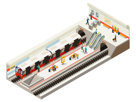 Isometric subway station concept with train ticket gates information board escalator railroad benches passengers on platform isolated vector illustration