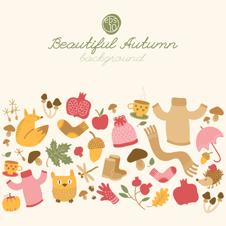Doodle style beautiful autumn background with decorative top title and small seamless isolated icons with elements of fall vector illustrationのイラスト素材