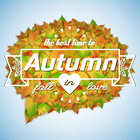 Abstract autumn template with inscription and tree leaves in cloud shape on light blue background vector illustrationのイラスト素材
