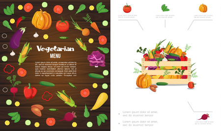 Flat eco healthy food composition with wooden crate of pumpkin corn tomato cucumber carrot beet garlic cabbage potato pepper peas vector illustrationのイラスト素材