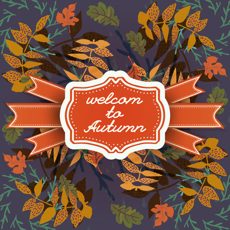 Autumn leaves seamless pattern on dark background and figured frame with calligraphic lettering and ribbons vector illustrationのイラスト素材