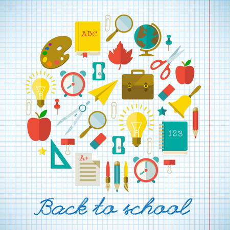 Back to school poster with colorful flat supplies and objects on paper sheet vector illustrationのイラスト素材