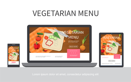 Flat vegetarian menu concept with cucumber tomato onion carrot pepper knife on cutting board adaptive for laptop mobile tablet screens isolated vector illustrationのイラスト素材