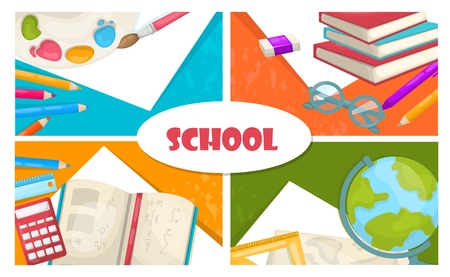 Flat back to school concept with colorful pencils painting palette calculator ruler book globe scissors eraser pen vector illustrationのイラスト素材