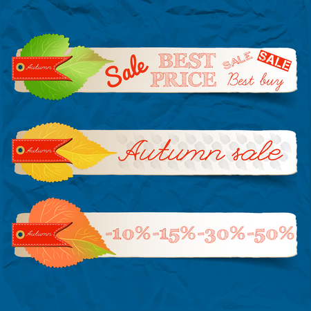 Abstract autumn sale natural horizontal banners with inscriptions and colorful leaves on blue crumpled paper vector illustrationのイラスト素材