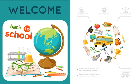 Flat education colorful composition with book globe tubes scissors ruler pencils pen different school items and accessories vector illustrationのイラスト素材