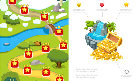 Cartoon game level design composition with route trees river stones waterfall treasure chest of gold coins vector illustrationのイラスト素材