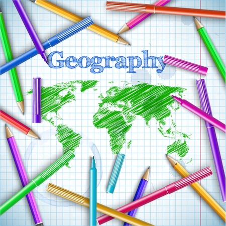 School geographic background with hatching world map colorful marker pens and pencils on paper sheet vector illustrationのイラスト素材