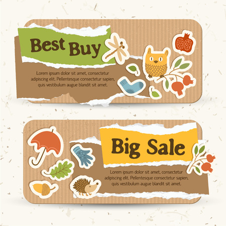 Seasonal sale horizontal banners with text torn paper colorful autumn traditional elements and icons vector illustrationのイラスト素材