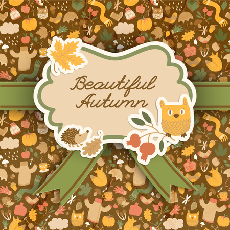 Background with handwritten style text in a shape with ribbon and decorative autumn stickers and seamless pattern vector illustrationのイラスト素材