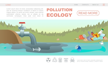 Flat ecology pollution webpage concept with navigation menu garbage and water contamination from industrial pipe vector illustrationのイラスト素材