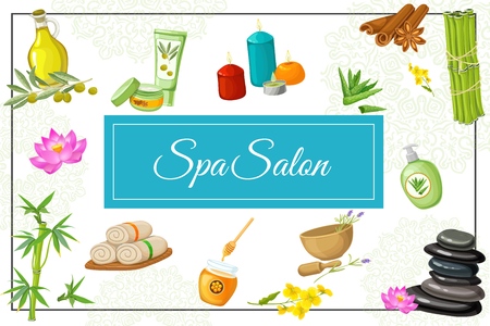 Flat spa salon concept with natural massage oil aloe vera lotus flower towels mortar stones honey cinnamon sticks candles bamboo in frame vector illustrationのイラスト素材