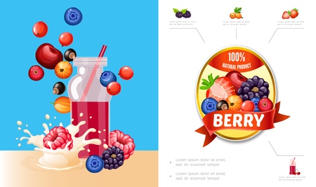 Cartoon berry smoothies concept with cherry blueberry cranberry currants raspberry blackberry milk splashes and natural product label vector illustrationのイラスト素材