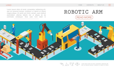 Isometric automated factory web page template with industrial assembly conveyor belt mechanical robotic arms and operators monitoring working process vector illustrationのイラスト素材