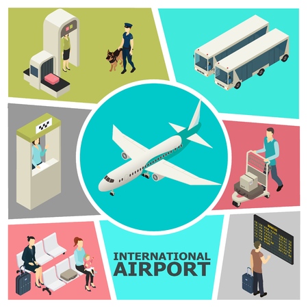 Isometric airport colorful template with customs control check-in desk passengers in waiting hall buses departure board airplane vector illustrationのイラスト素材