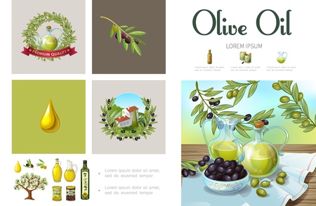 Cartoon natural olive infographic template with olive wreath tree branches cans bowls building on hill jars and bottles of organic oil vector illustrationのイラスト素材