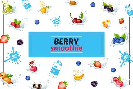 Cartoon sweet natural smoothies concept with grapes bananas pear cherry coconut strawberry blueberry raspberry cranberry blackberry pomergranate in milk splashes vector illustrationのイラスト素材